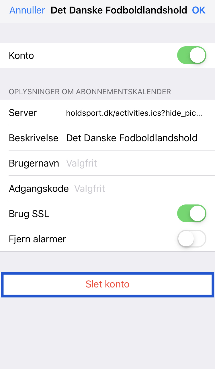 På den specifikke abonnementskalender finder du knappen "Slet konto" i bunden. På den specifikke abonnementskalender finder du knappen "Slet konto" i bunden.